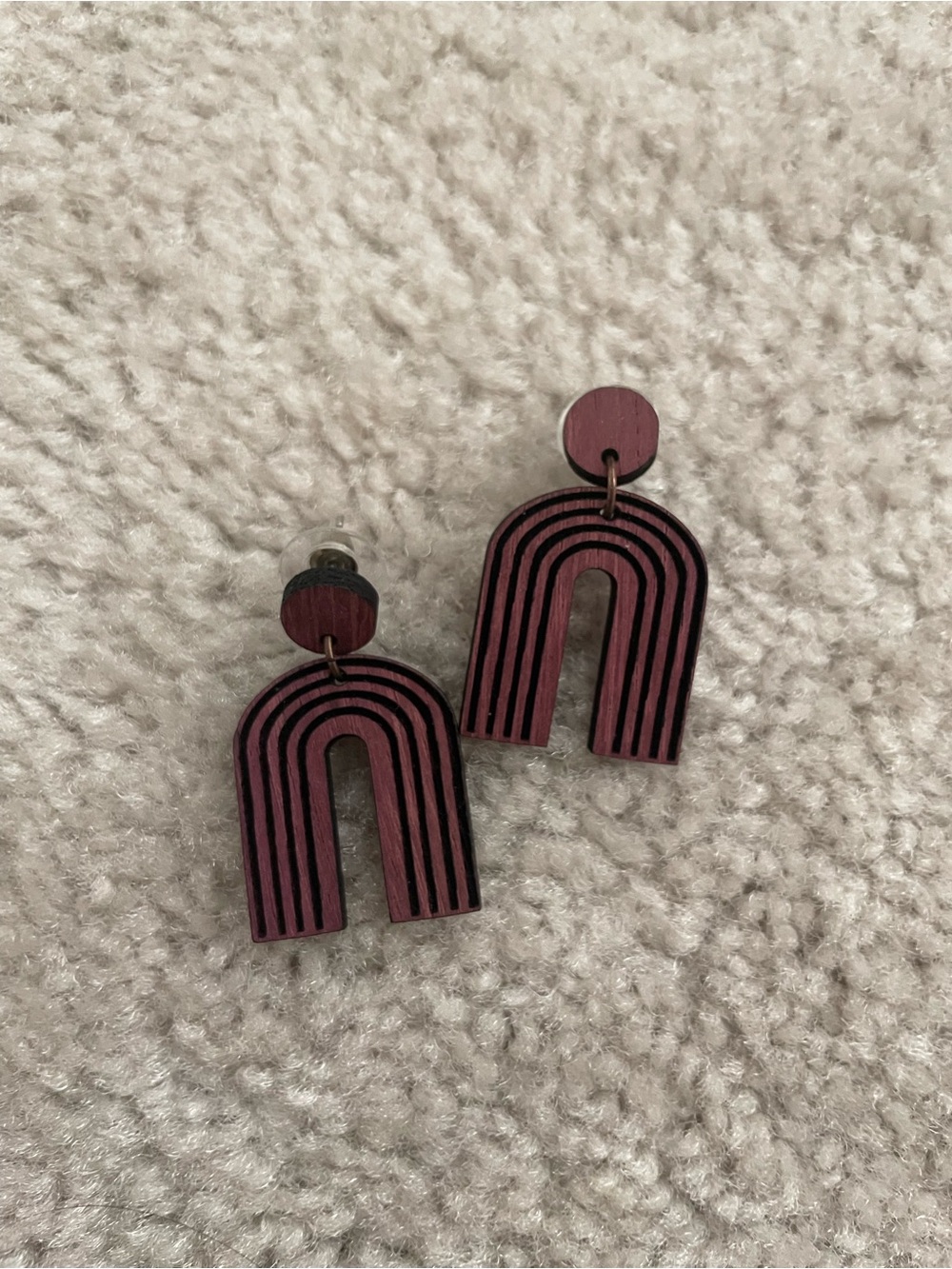 Dark Pink Locally Made Wooded Arch Dangle Earrings Boho Statement Jewelry